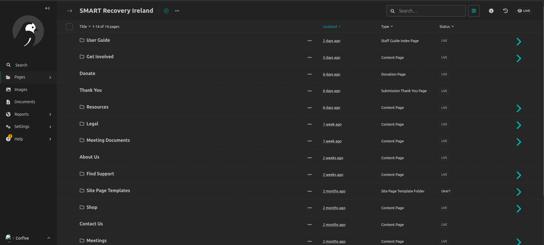 Content management screen for updating the SMART Recovery Ireland site.