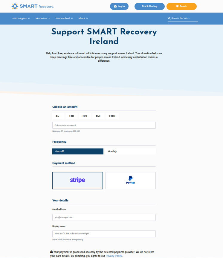SMART Recovery Ireland donations experience with payment options.
