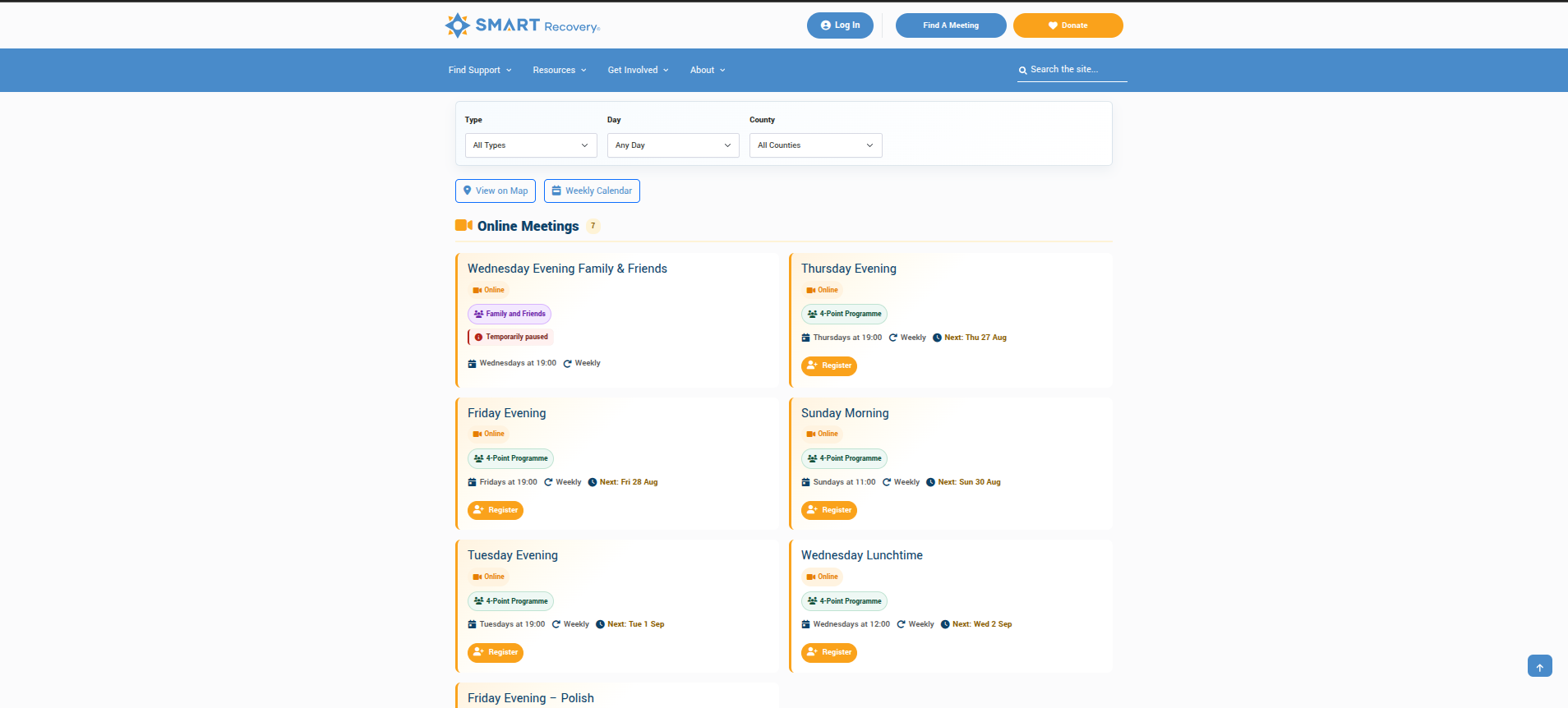 Meeting finder results with map and list view.